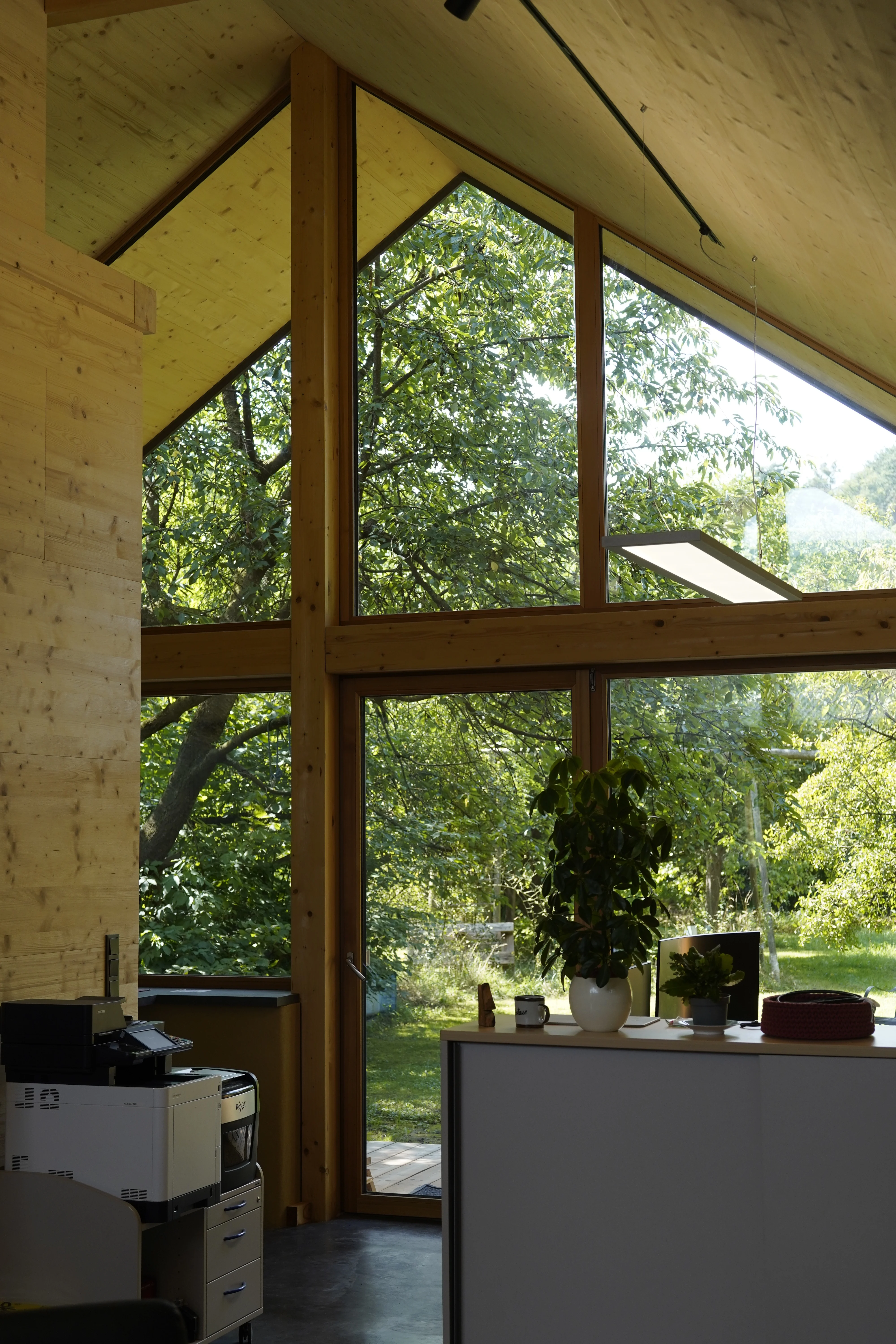 Büro David: Innenraum mit Giebelverglasung und Blick in den Baumbestand