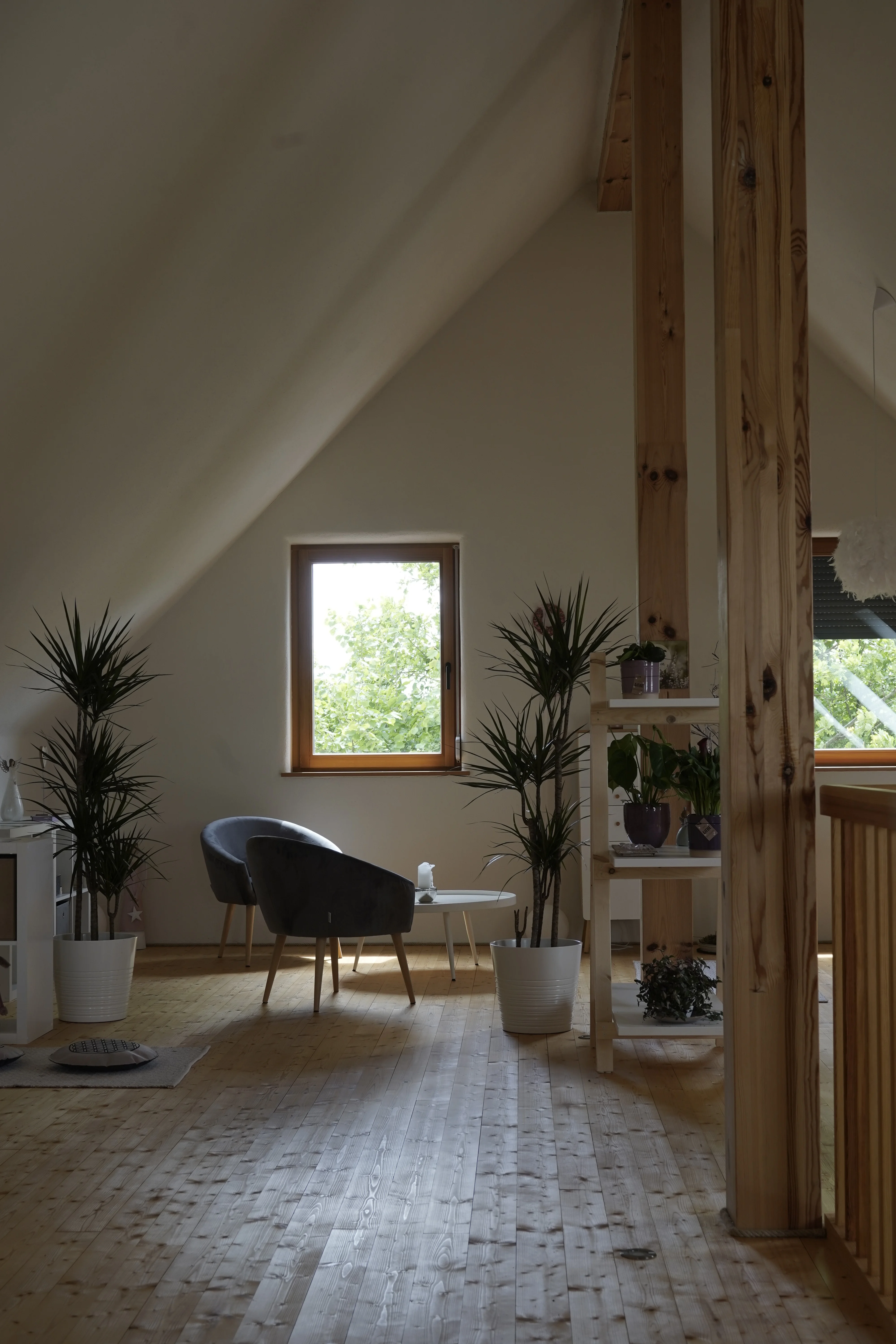 Haus Renate: Innenraum mit strukturierter Holzwand und Galeriebrüstung