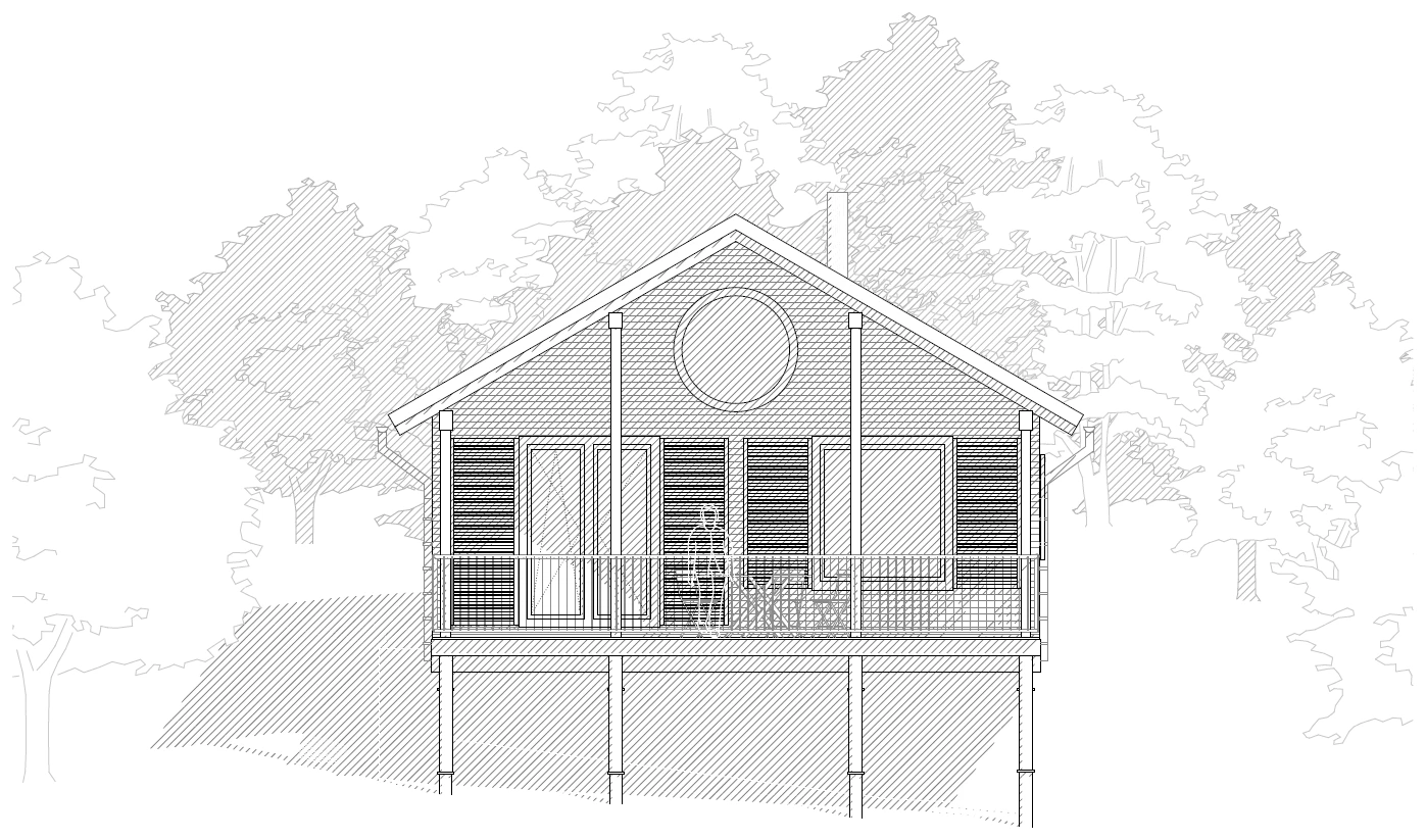 Architektonische Ansicht eines aufgeständerten Holzhauses mit Veranda und rundem Giebelfenster